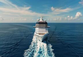 Cruise Ship Navigating Calm Ocean Waters Under Blue Sky and Fluffy Clouds photo