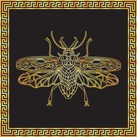 A golden beetle with a golden square frame in Greek style. vector