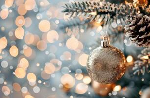 Sparkling Gold Christmas Ornament Hanging on Tree Branch With Blurred Lights photo