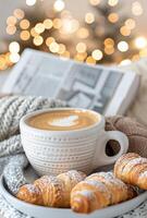 Cozy Morning With Coffee and Croissants by Twinkling Lights photo