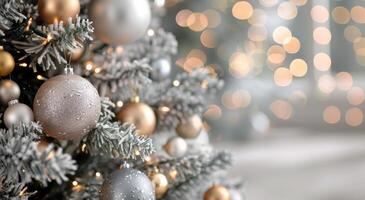Silver Ornaments Adorning a Christmas Tree With Shimmering Bokeh Lights in Winter Evening photo