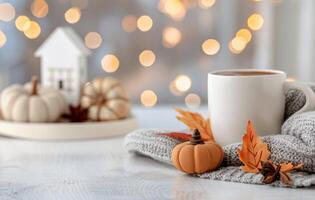 Cozy Autumn Still Life With Pumpkins, a House Model, and a Mug Surrounded by Warm Lights photo