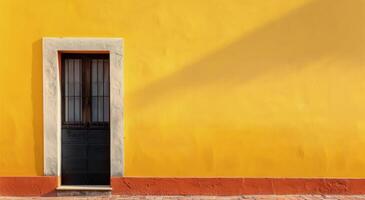 Bright Yellow Wall With Black Door and Window in a Sunny Urban Setting photo