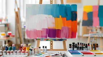 Colorful Abstract Painting in Bright Art Studio During Daylight photo