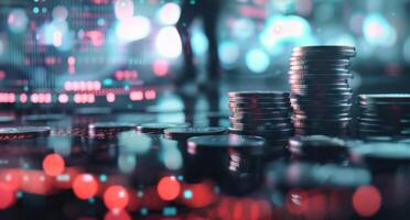 Stacked Coins on Table With Blurred Financial Activity in Background photo