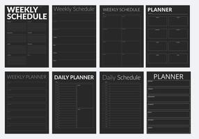 A collection of black planner pages in a minimalistic style. A modern business organizer with notes and goals. Planner page template. vector
