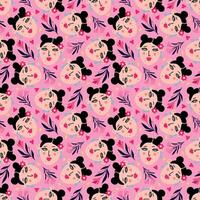 Vibrant pattern with comical brunettes with cute faces and bright colors vector