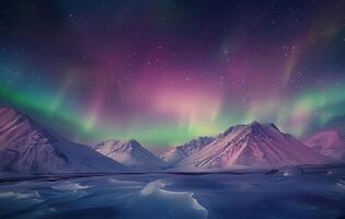 Aurora Borealis Illuminating Snow-Capped Mountains in Arctic Night photo