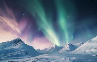 Aurora Borealis Illuminating Snow-Capped Mountains in Arctic Night photo