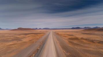 Vast Open Road Through Arid Landscape at Dusk photo