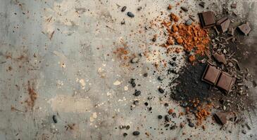 Dark Chocolate, Cocoa Powder, and Coffee Beans on Rustic Surface photo