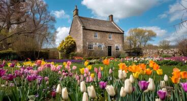 Charming Stone Cottage Surrounded by Colorful Tulips in Springtime Garden