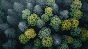 Overhead View of Dense Forest With Green and Yellow Trees in Foggy Conditions photo