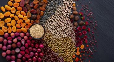 Colorful Assortment of Dried Fruits and Seeds on a Dark Surface photo