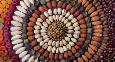 Freshly Arranged Nuts, Dried Fruits, and Spices on a Colorful Display Table photo