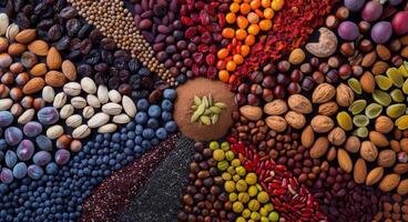 Freshly Arranged Nuts, Dried Fruits, and Spices on a Colorful Display Table photo