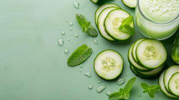 Fresh Cucumber Slices With Lemon and Mint on Dark Surface photo