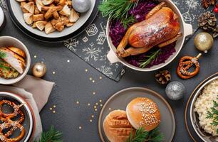 Roasted Turkey With Garnishes and Festive Decor at Holiday Gathering photo