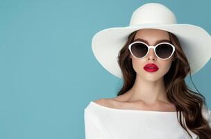 Fashion Model Wearing White Hat and Sunglasses Against Light Blue Background photo