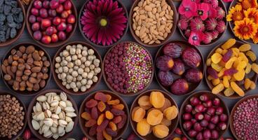 Freshly Arranged Nuts, Dried Fruits, and Spices on a Colorful Display Table photo