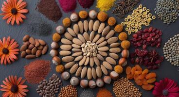 Colorful Assortment of Dried Fruits and Seeds on a Dark Surface photo