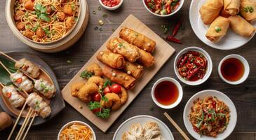 Assorted Asian Cuisine Spread on Wooden Table With Dishes and Sauces photo