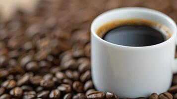 Freshly Brewed Coffee Cup on Wooden Table Surrounded by Coffee Beans photo