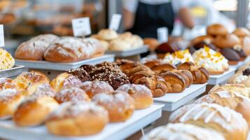 Freshly Baked Bread and Pastries Displayed on Shelves at a Bakery Shop photo