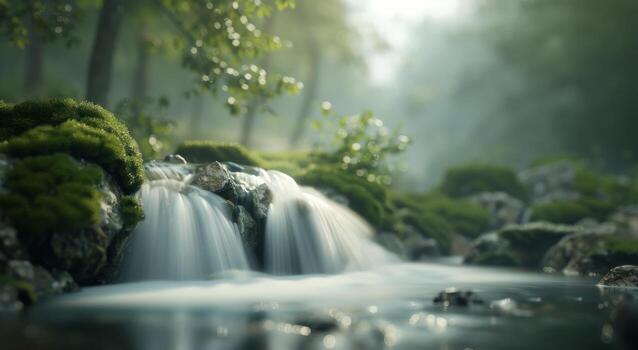 Tranquil Stream Flowing Through Lush Greenery in Early Morning Light photo