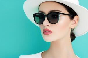 Fashion Model Wearing White Hat and Sunglasses Against Light Blue Background photo
