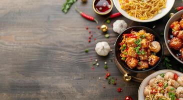 Assorted Asian Cuisine Spread on Wooden Table With Dishes and Sauces photo