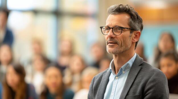 Man Engaging With Audience During Discussion at Conference in Modern Venue photo