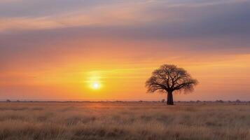 Majestic Sunrise Over Foggy Grasslands With Lone Tree in the Background photo