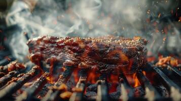 Grilled Meat Barbecue With Smoky Spice At Outdoor Gathering In Summer Evening photo