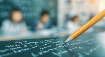 School Classroom Setting With Focus on Writing on Chalkboard photo