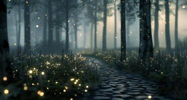 Enchanted Pathway Illuminated by Glowing Lanterns at Dusk in a Mystical Forest photo