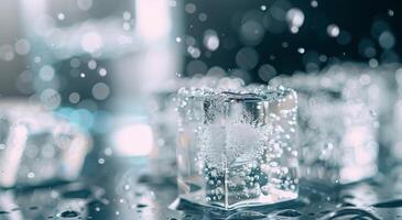 Ice Cubes Forming Bubbles in Water on a Dark Background photo