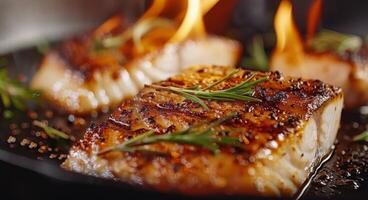 Grilled Salmon Fillets Garnished With Fresh Herbs on a Black Plate photo