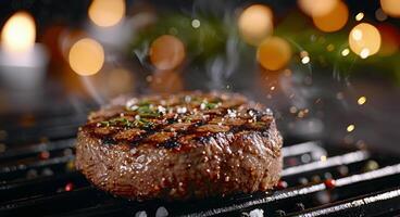 Grilled Steak on a Plate With Herb Garnish Near an Open Flame at Dusk photo