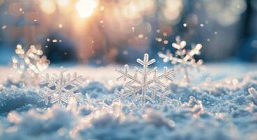 Delicate Snowflakes Sparkle in Soft Winter Light at Sunrise photo