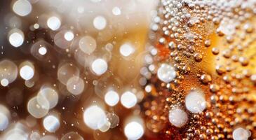 Bubbles in a Glass of Carbonated Beverage With Soft Focus Background photo