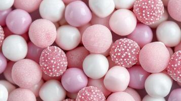 Colorful Pink And White Round Candies Laid Out Neatly On A Surface photo