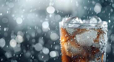 Refreshing Cold Beverage With Ice Cubes In Rainy Atmosphere photo
