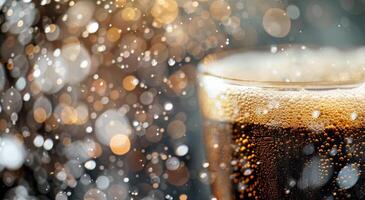Refreshing Carbonated Drink in Glass With Bubbles on Dark Background photo