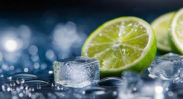 Fresh Lime Slices and Ice Cubes on a Reflective Surface photo