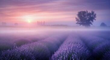 Lavender Field at Sunrise With Soft Fog and Gentle Light photo