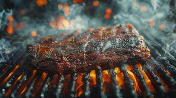 Grilled Meat Barbecue With Smoky Spice At Outdoor Gathering In Summer Evening photo