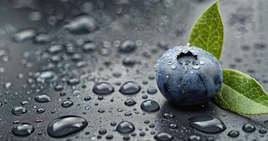 Fresh Blueberry With Water Droplets and Mint Leaves on Dark Surface photo
