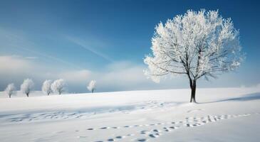 Snow-Covered Landscape With Frosty Trees and Footprints During Winter Morning photo