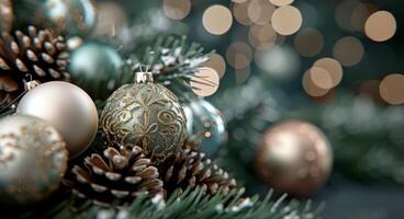 Beautiful Golden Christmas Ornaments on Frosted Pine With Twinkling Lights photo